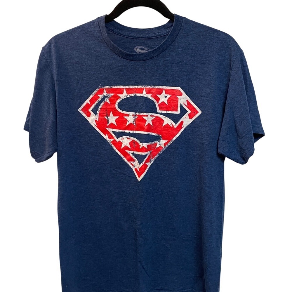 Superman Mens Navy Blue Stars and Stripes Shield‎ Graphic T-Shirt Size M